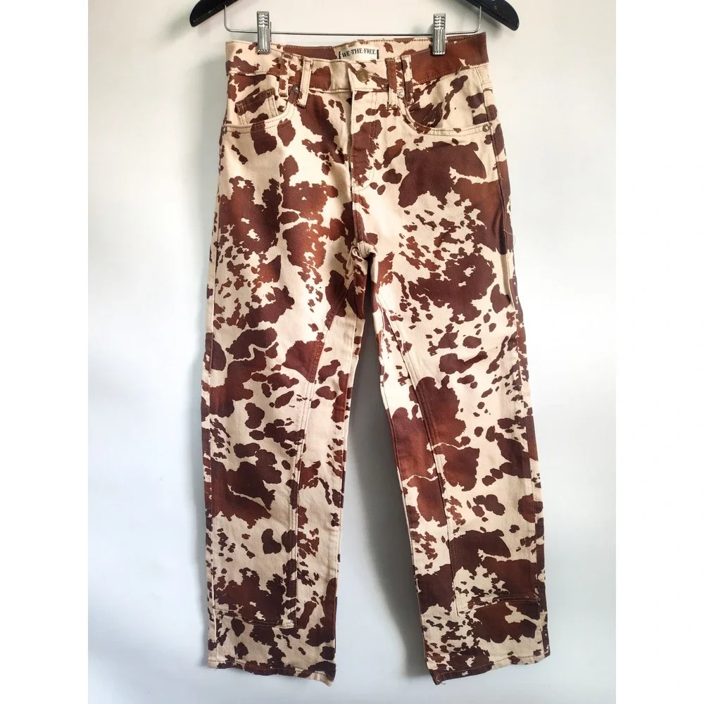 New Free People x Revolve Jeans 26 Risk Taker Cow Print Brown High Rise Straight